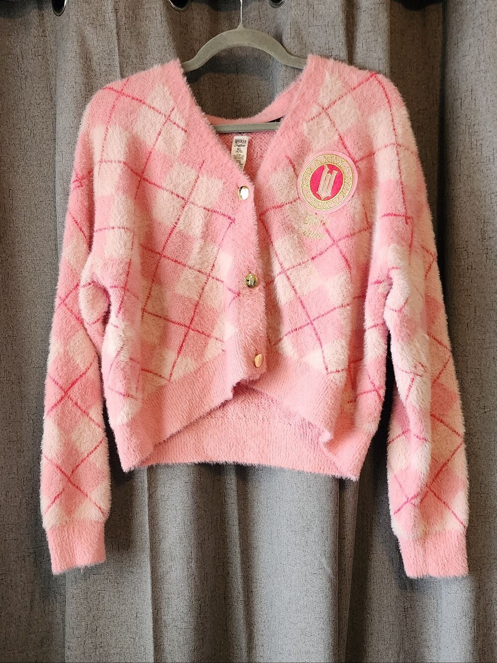 Wicked x Justice Pink Fuzzy Argyle Cardigan Magical Jubilee Patch Girls XL 16/18
